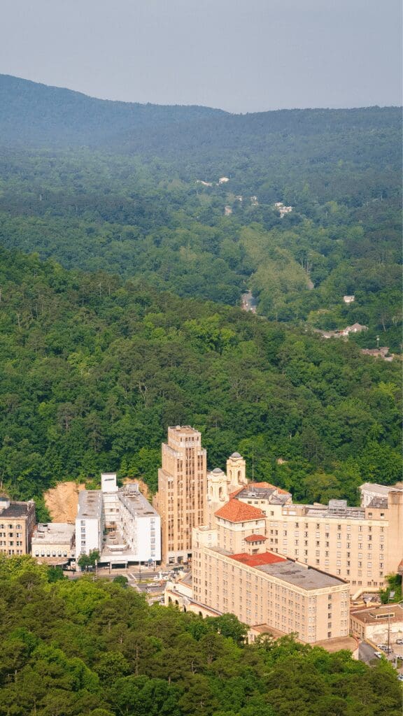 view of downtown area of Hot Springs with the park around