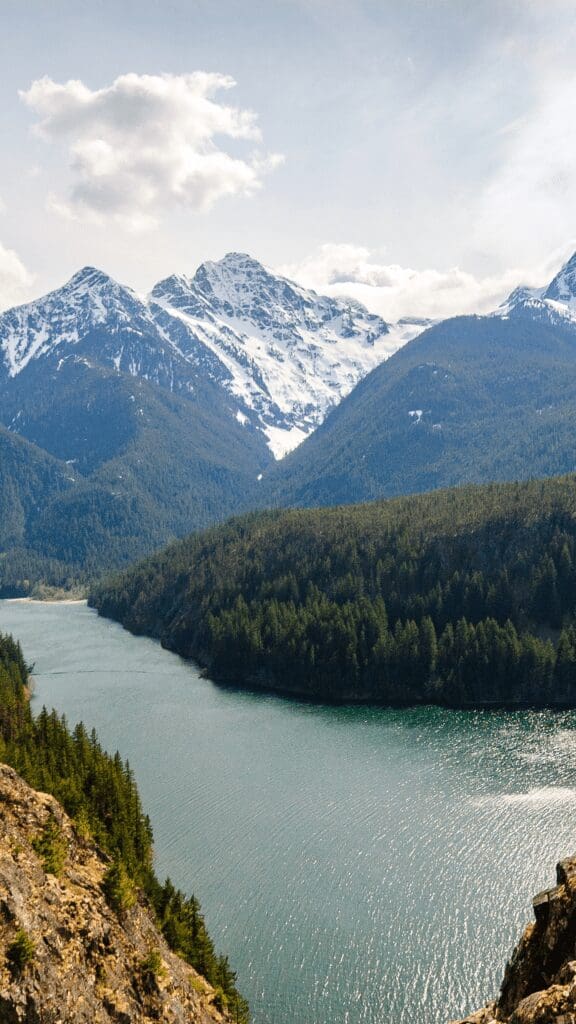 view of river and snowy mountains in rear