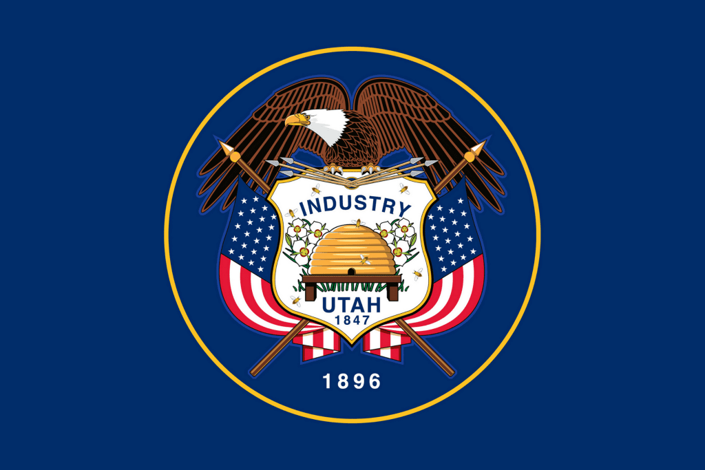 A navy blue flag with circle of state shield in middle