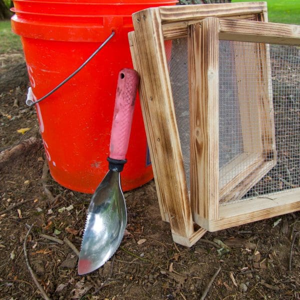 orange bucket with digging tools for Crater of Diamonds State Park to dig for diamonds in Arkansas