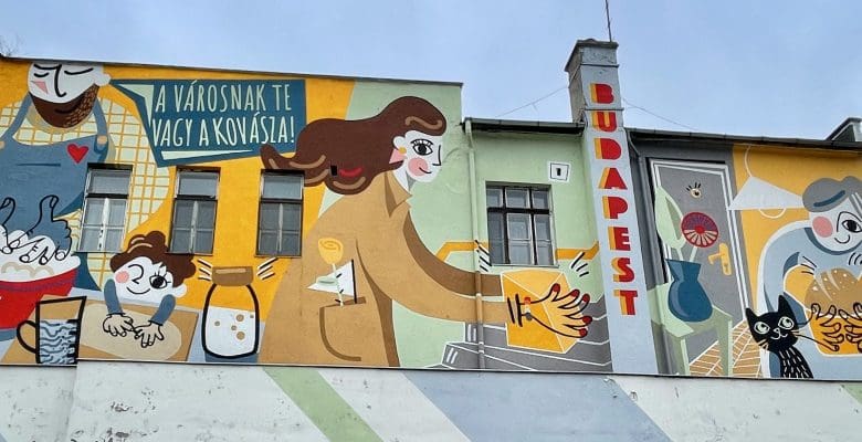 A colorful mural with the word Budapest written on it.