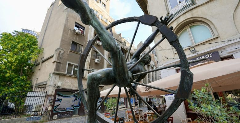 man with wagon wheel