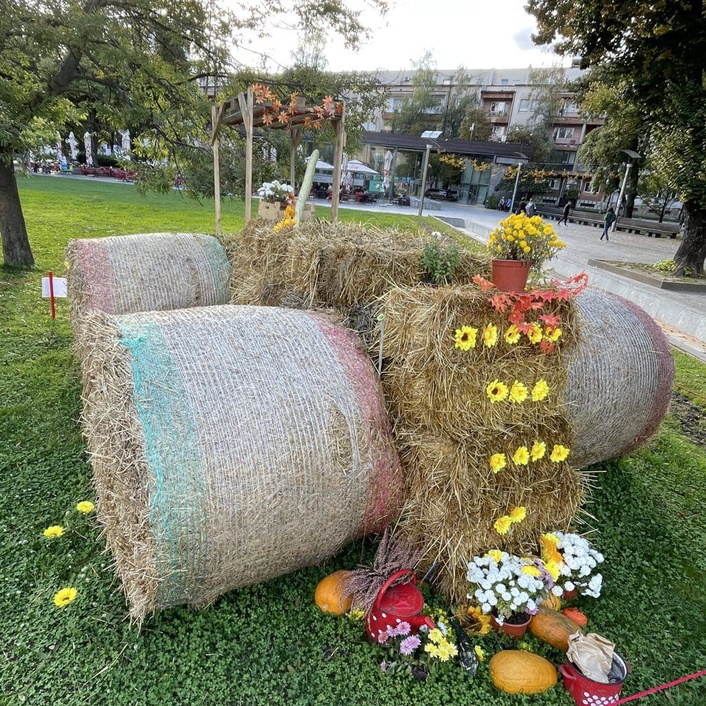 round and square hay bales arranged to look like a tractor