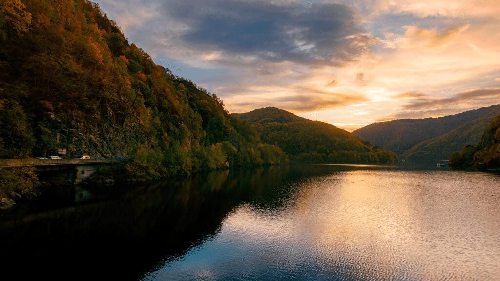 a lake at sunset