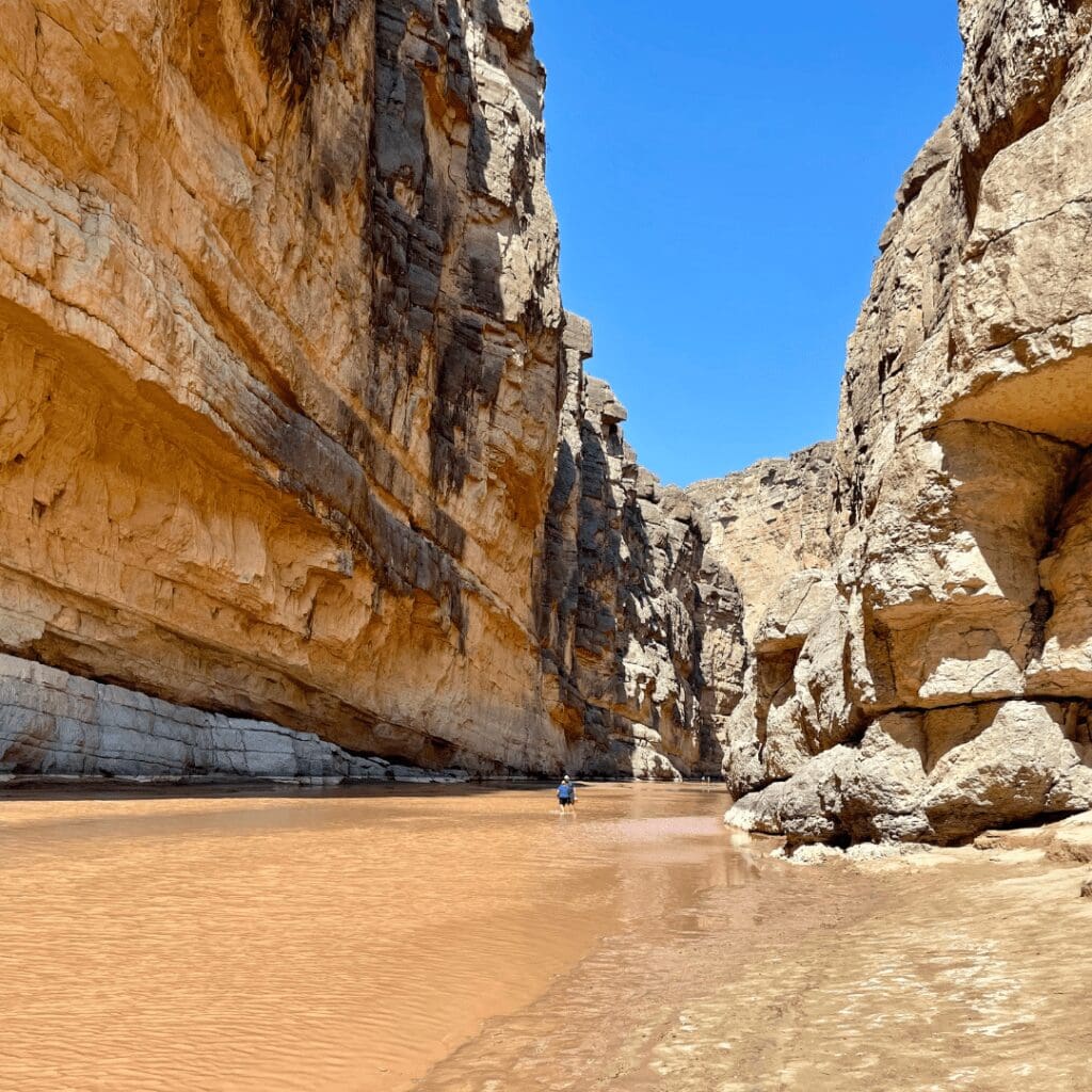 a canyon with a muddy river and someone wading in it