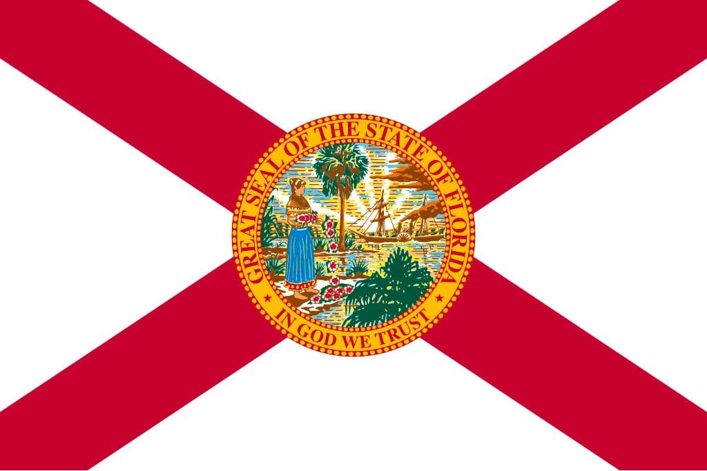 a white flag with a red cross like an x with the state symbol in middle
