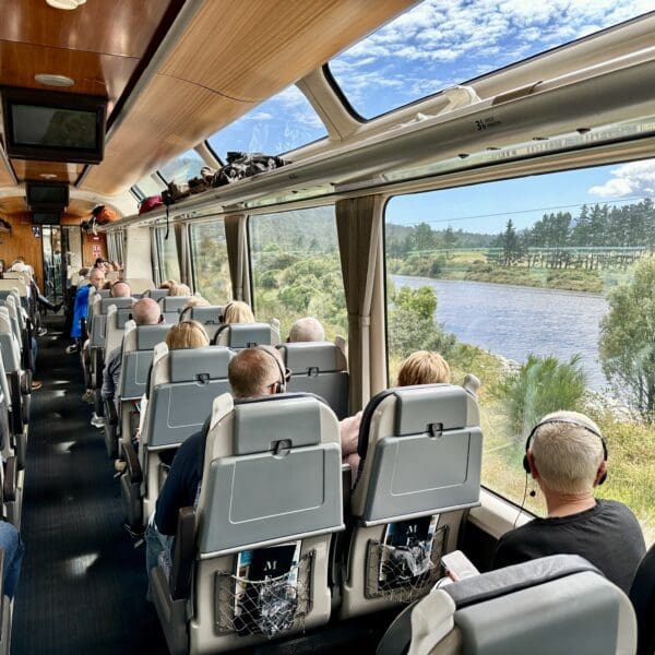 Inside view of passengers on the Northern Explorer train in New Zealand
