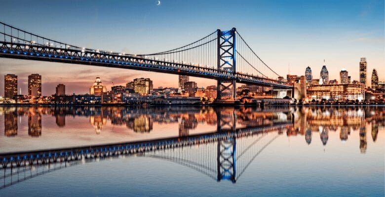 View of the bridge and river leading across to Atlantic City, New Jersey