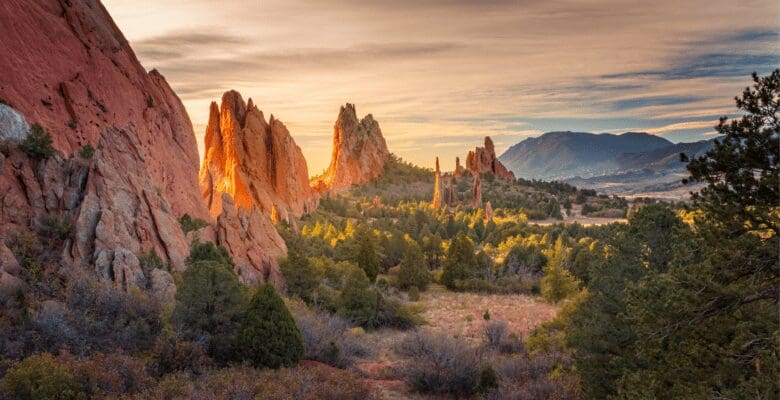 Tall rock formations in a valley at sunset near colorado springs, colorado