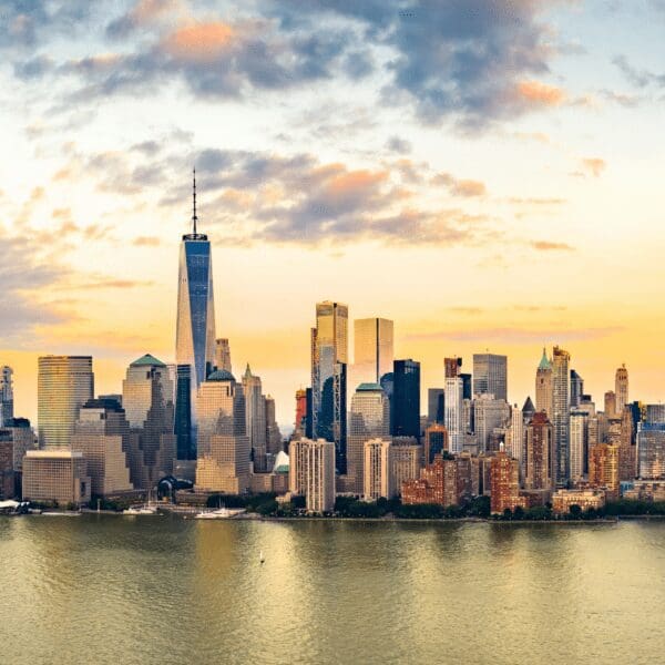 New York City skyline near sunset