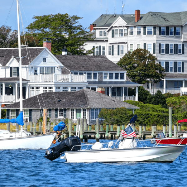 Seaside hotel with boats in the water in Martha's Vineyard, Massachusetts