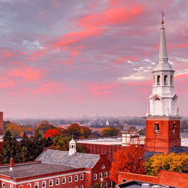 Brick church and buildings of Hershey, Pennsylvania at sunset