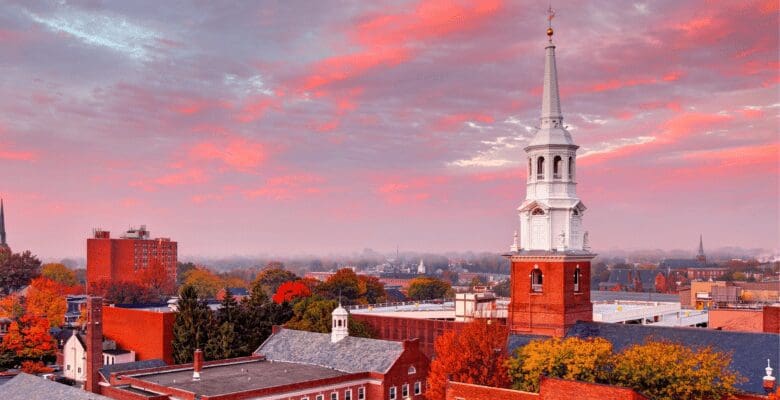 Brick church and buildings of Hershey, Pennsylvania at sunset