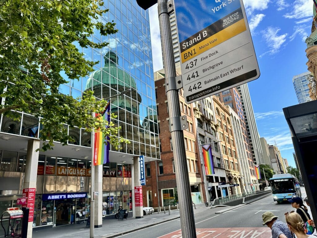downtown Sydney Australia street with a bus stop sign