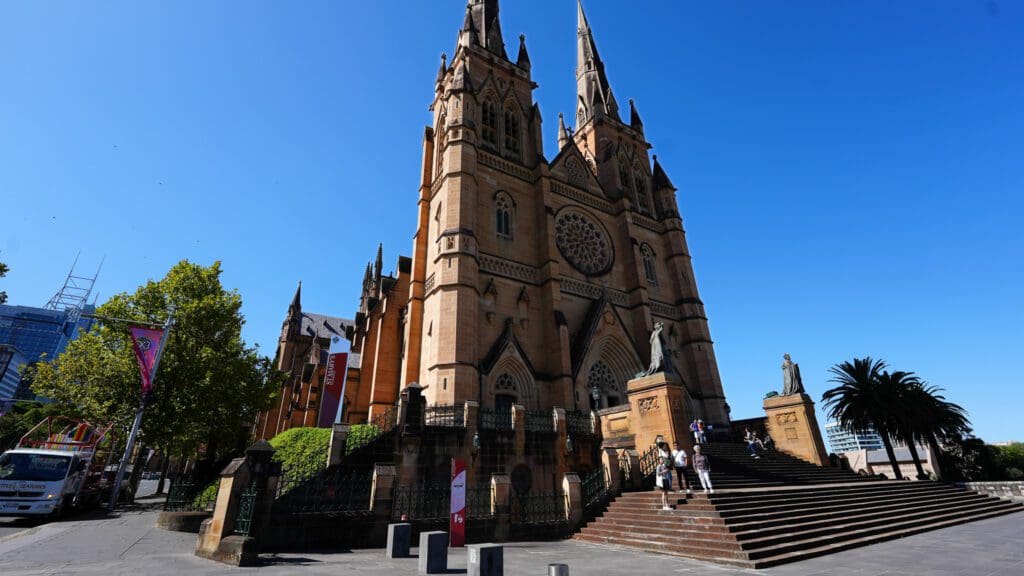 large cathedral with blue sky in background