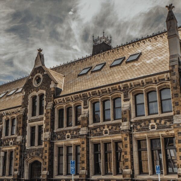 View of a historical church building in Christchurch, New Zealand.