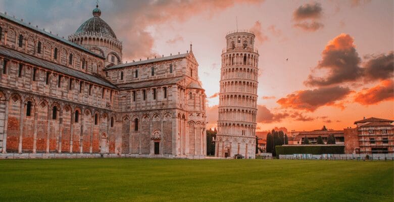 Leaning Tower of Pisa at sunset