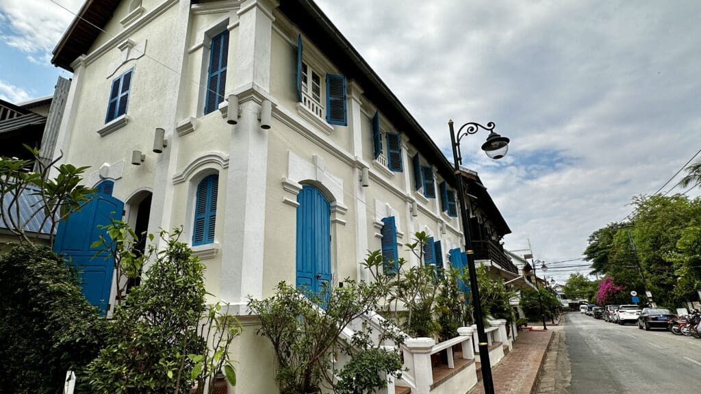 blue and white hotel in Laos