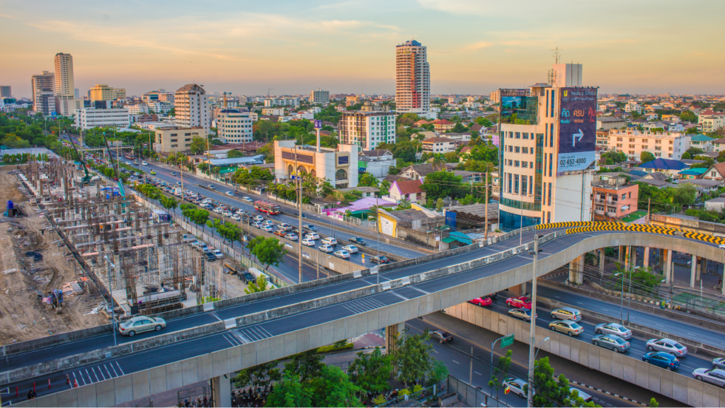 roadway bridge across a highway in a city