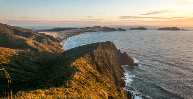 mountains and shoreline in New Zealand
