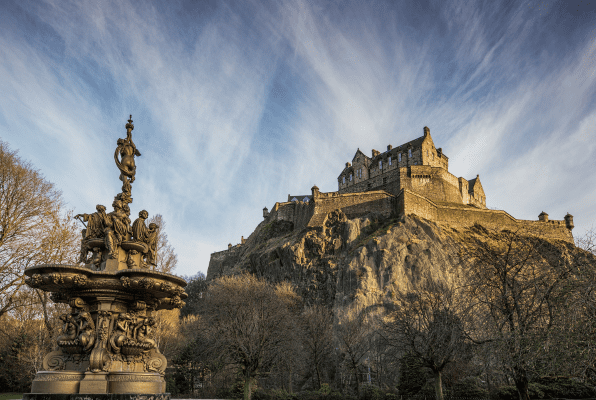 view from below Edinburgh Castle sitting up on the hill