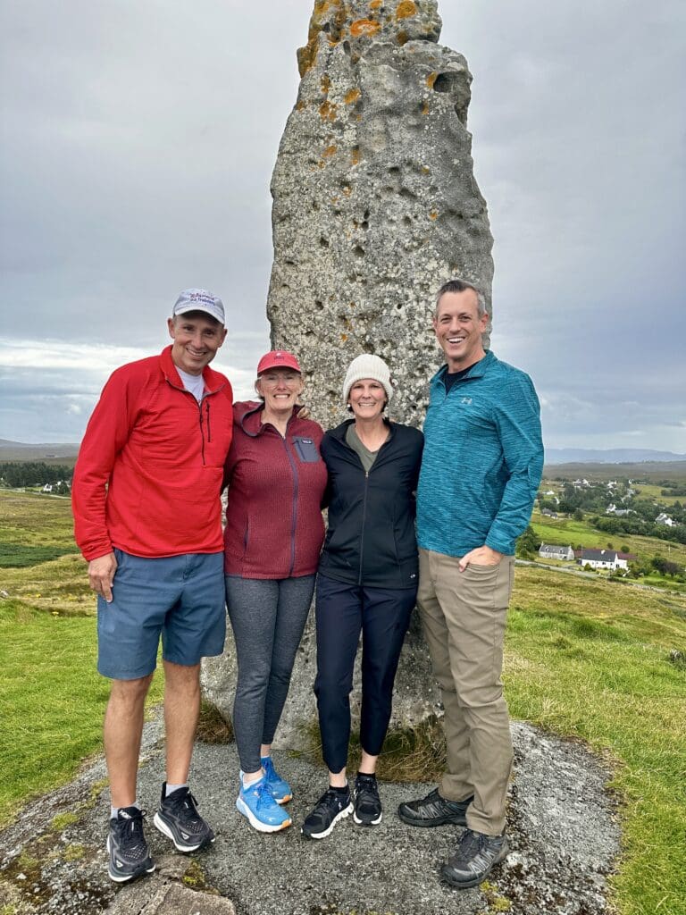 John and Bev of the Retirement Travelers with 2 new friends on the Isle of Skye in Scotland