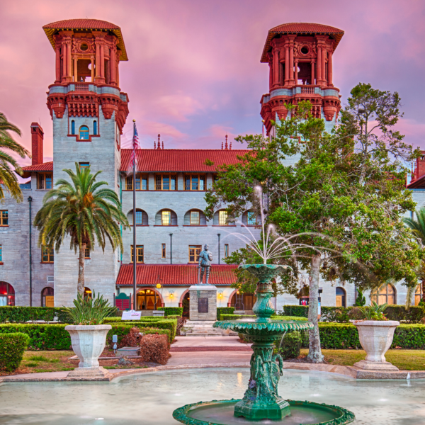 Spanish style building with palm trees in St. Augustine Florida