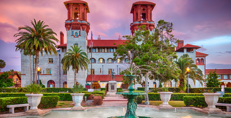 Spanish style building with palm trees in St. Augustine Florida