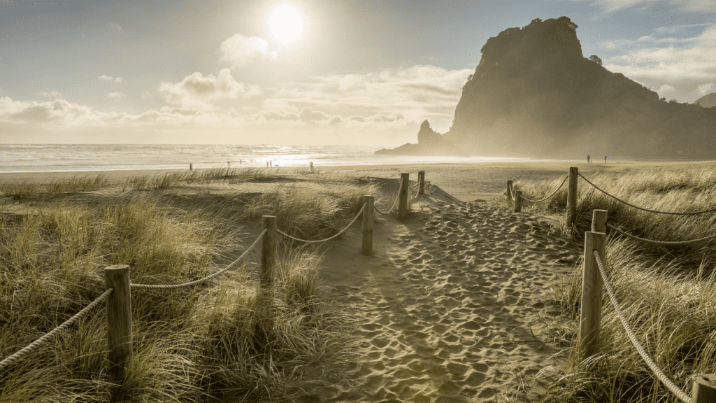 sandy shoreline trail with large rock formations