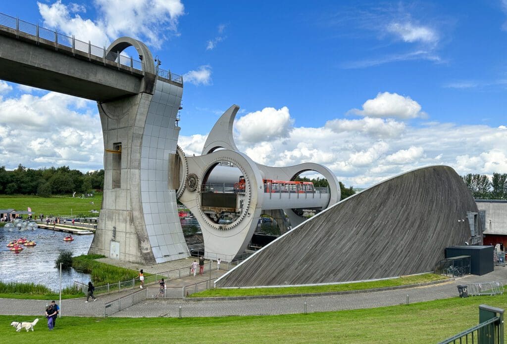 rotating device used to lower and raise boats in Scottish canal near Falkirk