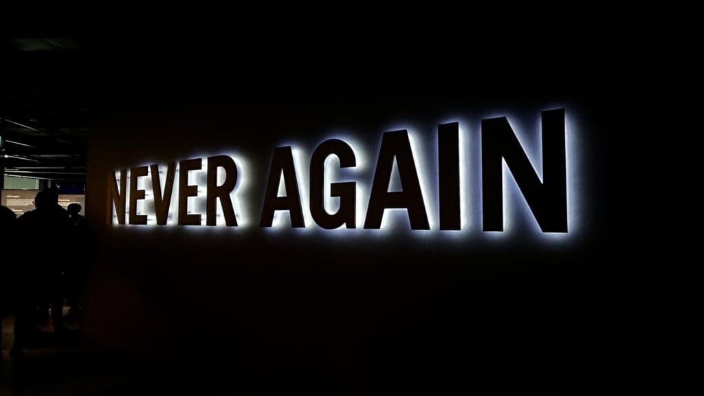 Never again sign at the Belfast Titanic museum