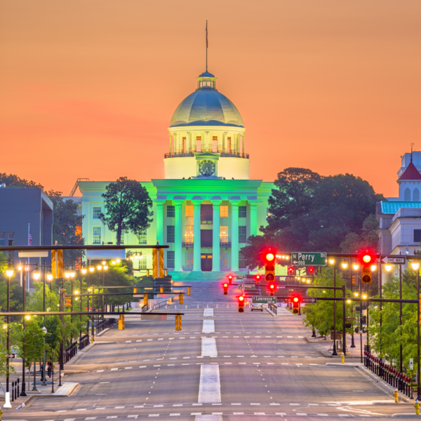 long streetview lined with streetlights with a domed building at the end