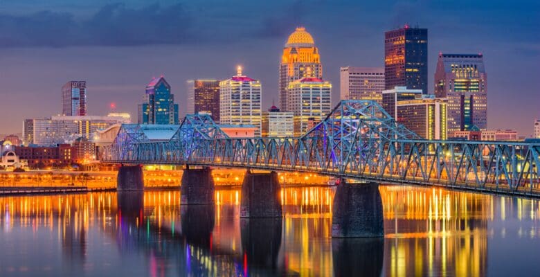 A view of Louisville Kentucky and the skyline with bridges and the Ohio River.