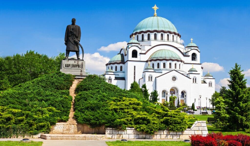 church and statue in Belgrade