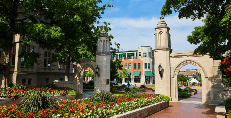 buildings and arched gate in Bloomington, Indiana