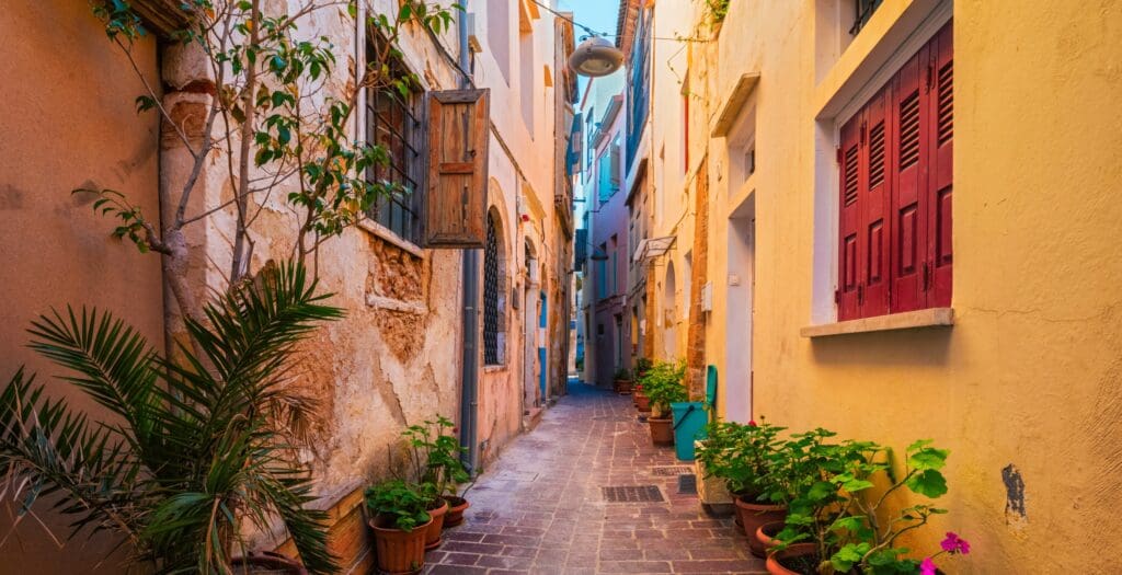 An Alleyway in Chania, Greece with yellow buildings