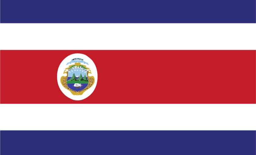 A red, white, and blue striped flag with an emblem in the red stripe.