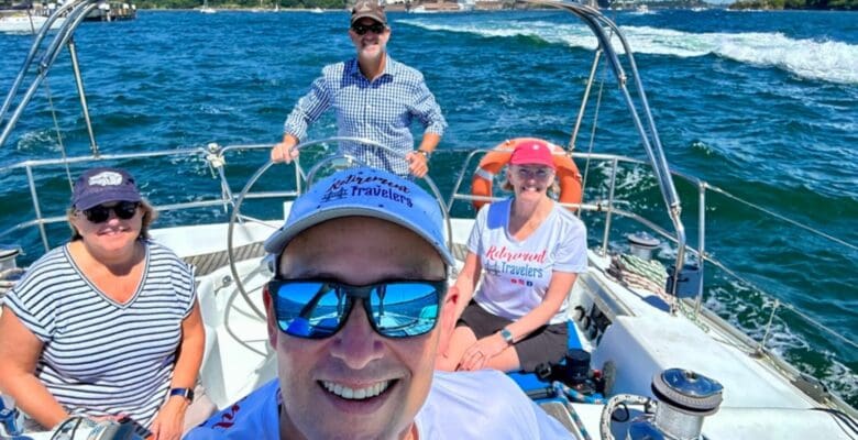 Two couples pictured with Sydney Harbour in background