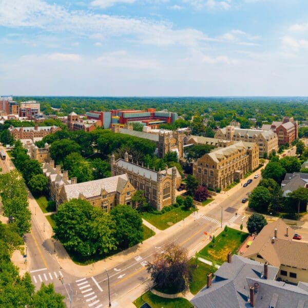 Aerial view of University of Michigan campus in Ann Arbor