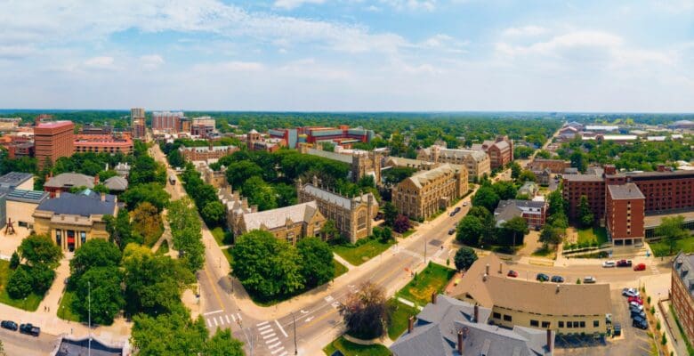 Aerial view of University of Michigan campus in Ann Arbor