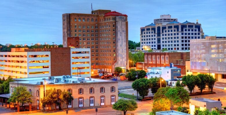 Aerial view of downtown Oxford, Mississippi skyline