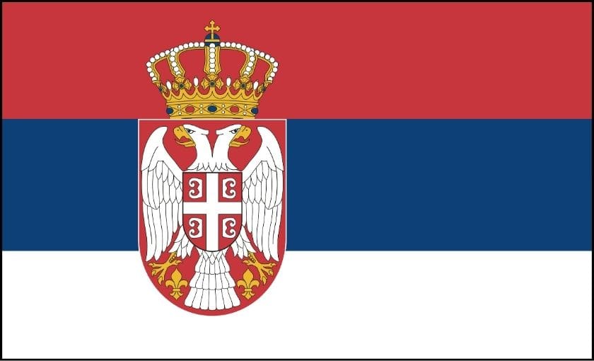 A red, white, and blue striped flag with an emblem/crest with crown.