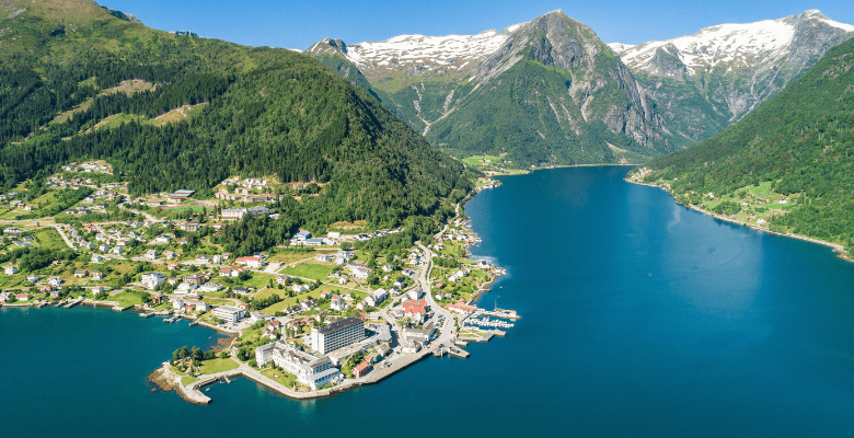 Aerial view of fjords and town of Balestrand Norway