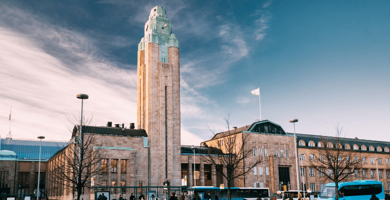 View of the tower and stone building of the Central railway station