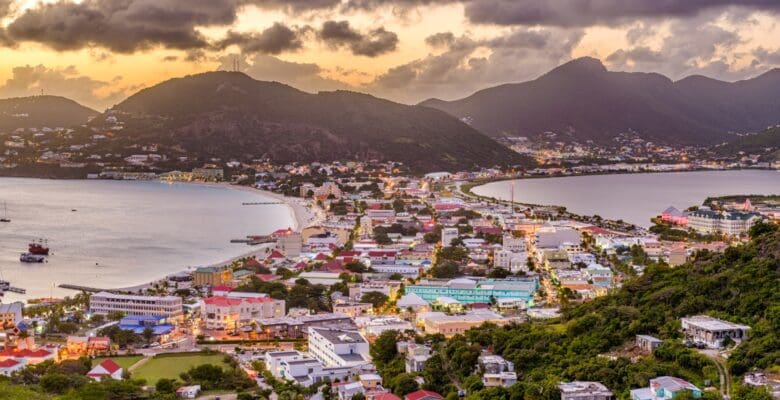 aerial view of Philipsburg showing mountains, city buildings, and beach areas