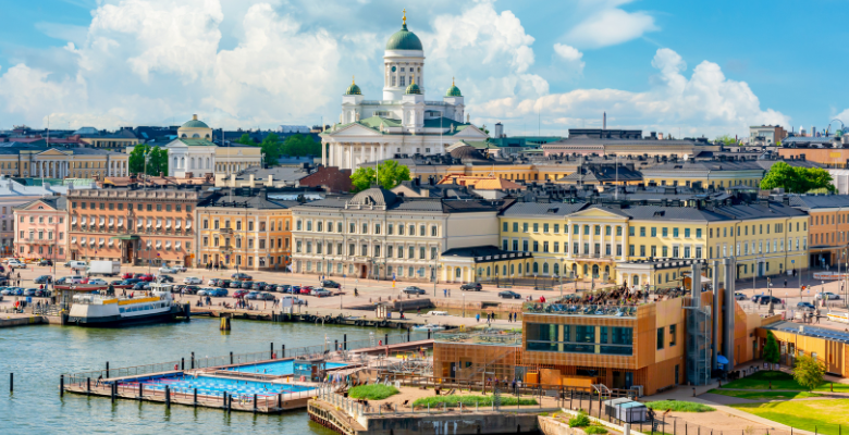 View of the downtown area buildings and harbour of Helsinki Finland