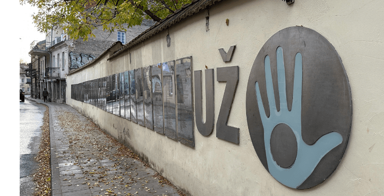 Street in Vilnius lined with plaques