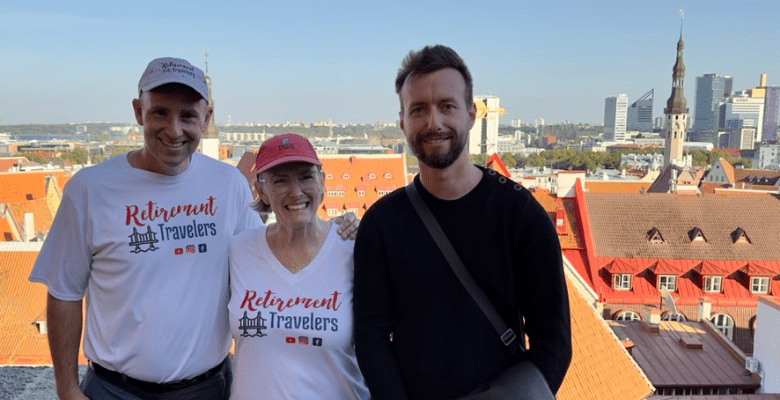 John and Bev Retirement Travelers with tour guide in Tallinn