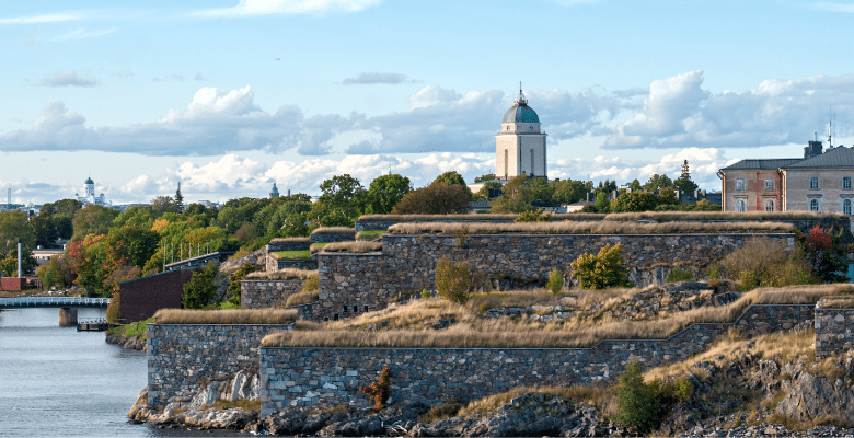 View of the rocky coastline by the Soumenlinna Sea Fortress near Helsinki
