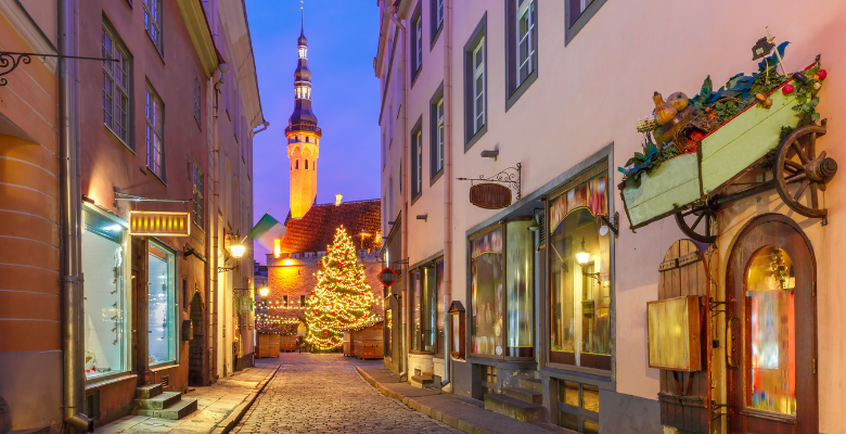 Cobblestone street in Old Town of Tallinn Estonia
